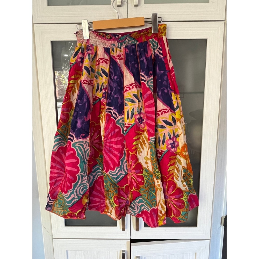 T.U. Floral Patchwork Midi Skirt Pink Purple Multi Smocked Waist Boho Women OS